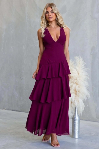 Purple Deep V Neck Straps Ruffles Pleated Holiday Maxi Dress