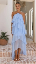 Blue Off Shoulder Halter Neck Mesh Ruffles Women Summer Fashion Long Dress