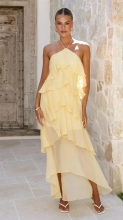 Yellow Off Shoulder Halter Neck Mesh Ruffles Women Summer Fashion Long Dress