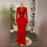 Red O Neck Mesh Bow-Knot Luxury Women Formal Evening Maxi Dress