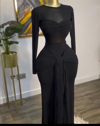 Black O Neck Mesh Bow-Knot Luxury Women Formal Evening Maxi Dress