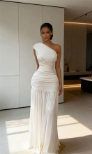 White Off Shoulder One Sleeve Mesh Pleated Luxury Evening Maxi Dress