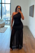 Black Off Shoulder One Sleeve Mesh Pleated Luxury Evening Maxi Dress