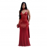Red Straps V Neck Sequins Mesh See Through Evening Birthday Party Long Dress