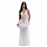 White Straps V Neck Sequins Mesh See Through Evening Birthday Party Long Dress