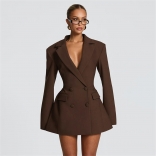 Brown Long Sleeve V Neck Button Elegant Suits Mini Dress