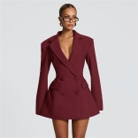 Red Long Sleeve V Neck Button Elegant Suits Mini Dress
