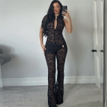 Black Sleeveless Lace Hollow Out See Through Women Party Sexy Jumpsuit