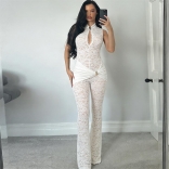 White Sleeveless Lace Hollow Out See Through Women Party Sexy Jumpsuit