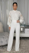 White Lace Hollow Out Long Sleeve Office Lady Casual Jumpsuit