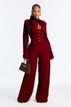 WineRed Long Sleeve Deep V Neck Single Breasted Casual Elegant Women Jumpsuit