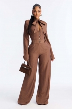 Khaki Long Sleeve Deep V Neck Single Breasted Casual Elegant Women Jumpsuit
