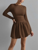 Brown Long Sleeve Pleated Fashion Bodycon Party Mini Dress