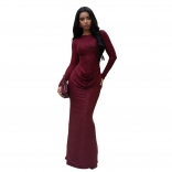 Red Long Sleeve Pleated Evening Party Long Dress