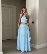 Blue Sleeveless Two Pieces Lace Hollow Out Casual Luxury Women Summer Skirt Long Dress