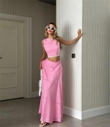 Pink Sleeveless Two Pieces Lace Hollow Out Casual Luxury Women Summer Skirt Long Dress