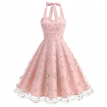 Pink Lace Mesh Embroidery Gown Birthday Party Women Mini Dress