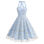 Blue Lace Mesh Embroidery Gown Birthday Party Women Mini Dress