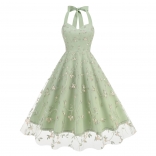 Green Lace Mesh Embroidery Gown Birthday Party Women Mini Dress