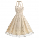 Apricot Lace Mesh Embroidery Gown Birthday Party Women Mini Dress