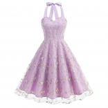Purple Lace Mesh Embroidery Gown Birthday Party Women Mini Dress