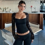 Black Lace Hollow Out Long Sleeve Pleated Women Street Club Tops