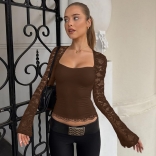 Brown Lace Hollow Out Long Sleeve Pleated Women Street Club Tops