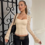 Beige Lace Hollow Out Long Sleeve Pleated Women Street Club Tops