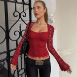 Red Lace Hollow Out Long Sleeve Pleated Women Street Club Tops