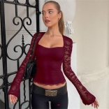 Wine Red Lace Hollow Out Long Sleeve Pleated Women Street Club Tops