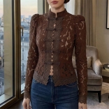 Brown Lace Hollow Out Long Sleeve Crochet Elegant Fashion Tops