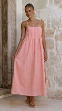 Pink Straps Boat Neck Pleated Fashion Casual Summer Vacation Maxi Dress