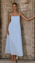 Blue Straps Boat Neck Pleated Fashion Casual Summer Vacation Maxi Dress