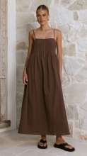 Brown Straps Boat Neck Pleated Fashion Casual Summer Vacation Maxi Dress