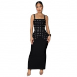 Black Straps Square Diamonds Evening Bodycon Midi Dress