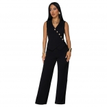 Black Sleeveless Button Vest Tops with Long Wide Leg Pant Sets