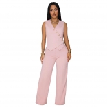 Pink Sleeveless Button Vest Tops with Long Wide Leg Pant Sets