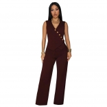 Clreat Sleeveless Button Vest Tops with Long Wide Leg Pant Sets