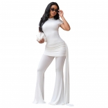 White Short Sleeve Mesh Folds Bodycon Sexy Wide Leg Street Party Jumpsuit