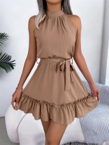 Khaki Sleeveless Casual Women Holiday Fashion Pleated Mini Skirt
