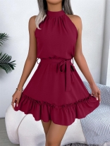 Red Sleeveless Casual Women Holiday Fashion Pleated Mini Skirt