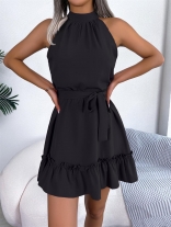 Black Sleeveless Casual Women Holiday Fashion Pleated Mini Skirt