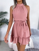 Pink Sleeveless Casual Women Holiday Fashion Pleated Mini Skirt