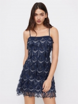 Royal Blue Straps Square Neck Sequins Tassels Sexy Party Dance Mini Dress