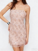 Pink Straps Square Neck Sequins Tassels Sexy Party Dance Mini Dress