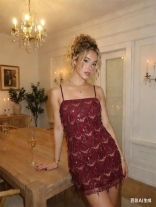 Red Straps Square Neck Sequins Tassels Sexy Party Dance Mini Dress