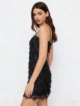 Black Straps Square Neck Sequins Tassels Sexy Party Dance Mini Dress