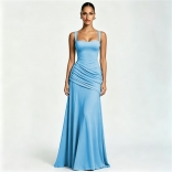 Blue Straps Square Neck Women Elegant Party Evening Gowns Maxi Dress