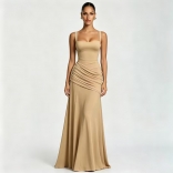 Khaki Straps Square Neck Women Elegant Party Evening Gowns Maxi Dress