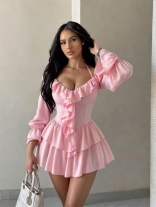 Pink Long Sleeve Ruffles Low Cut Halter Pleated Fashion Women Mini Skirt Dress